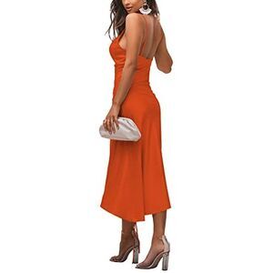 LYANER Womens  Spaghetti Straps  Cowl Neck Cocktail Midi Dresses Orange Red